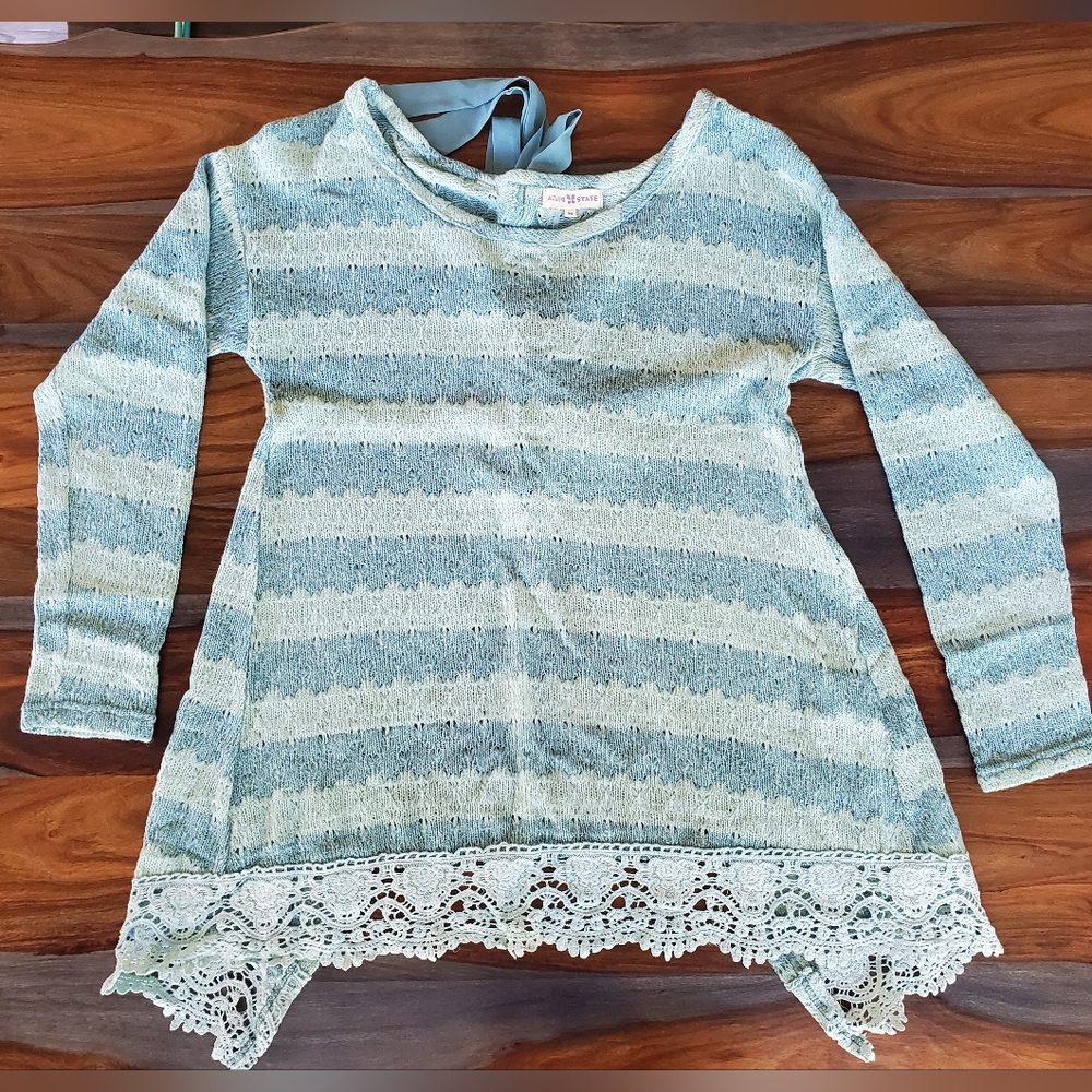Beautiful Altar'd State, Ladies Long Sleeve Sweater, Striped, Lace, Ribbon Back